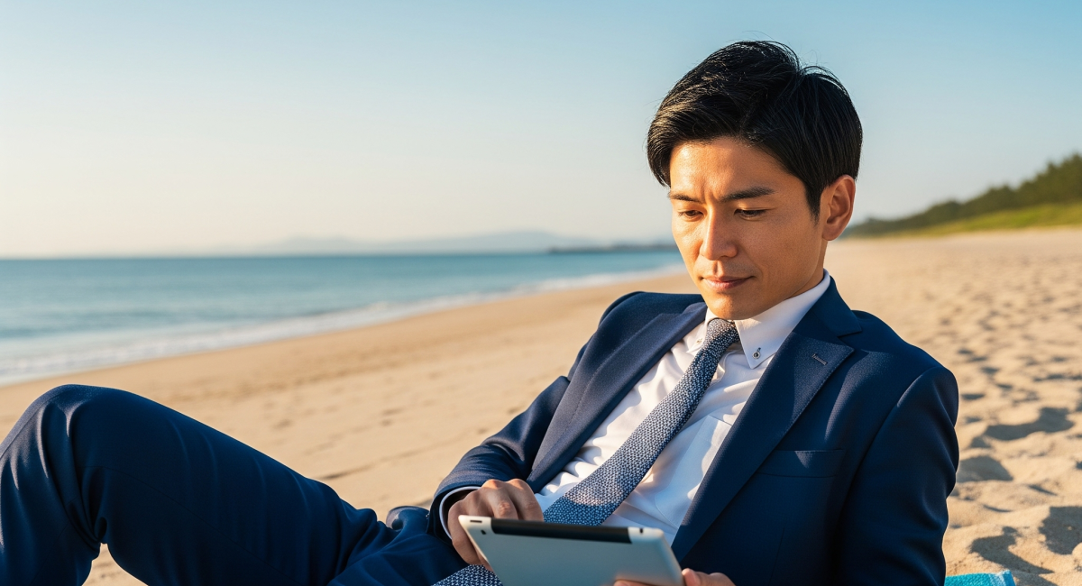 Businessman in suit relaxing on a beach looking at his tablet