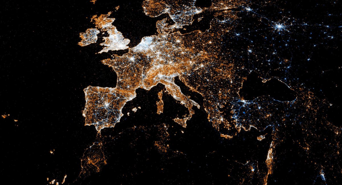 A picture of Europe at night, taken from space.