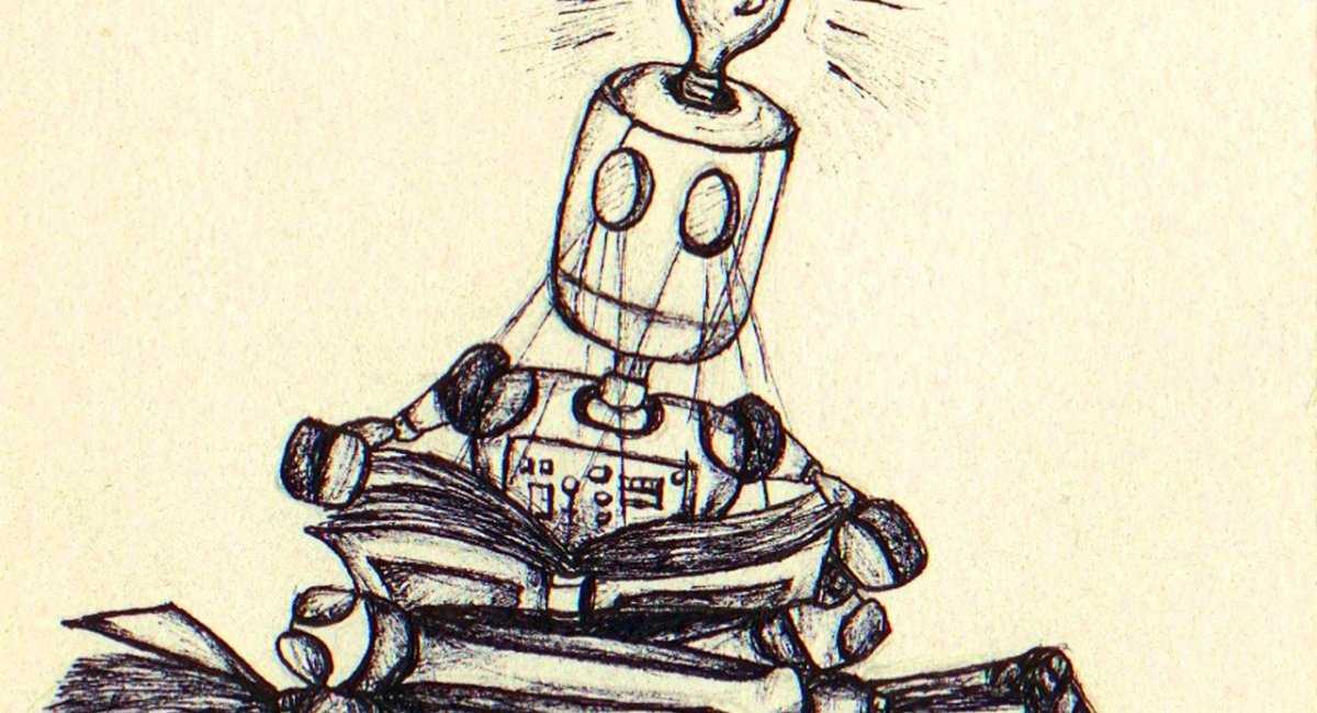 A pencil illustration of a cute robot reading.