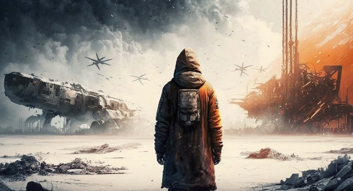 Dystopian futuristic scene of a person looking out over a wasteland.