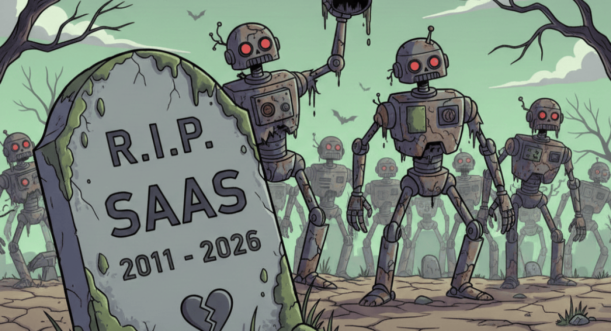 A cartoon image of a gravestone for SaaS (2011 - 2026) and some robot zombies