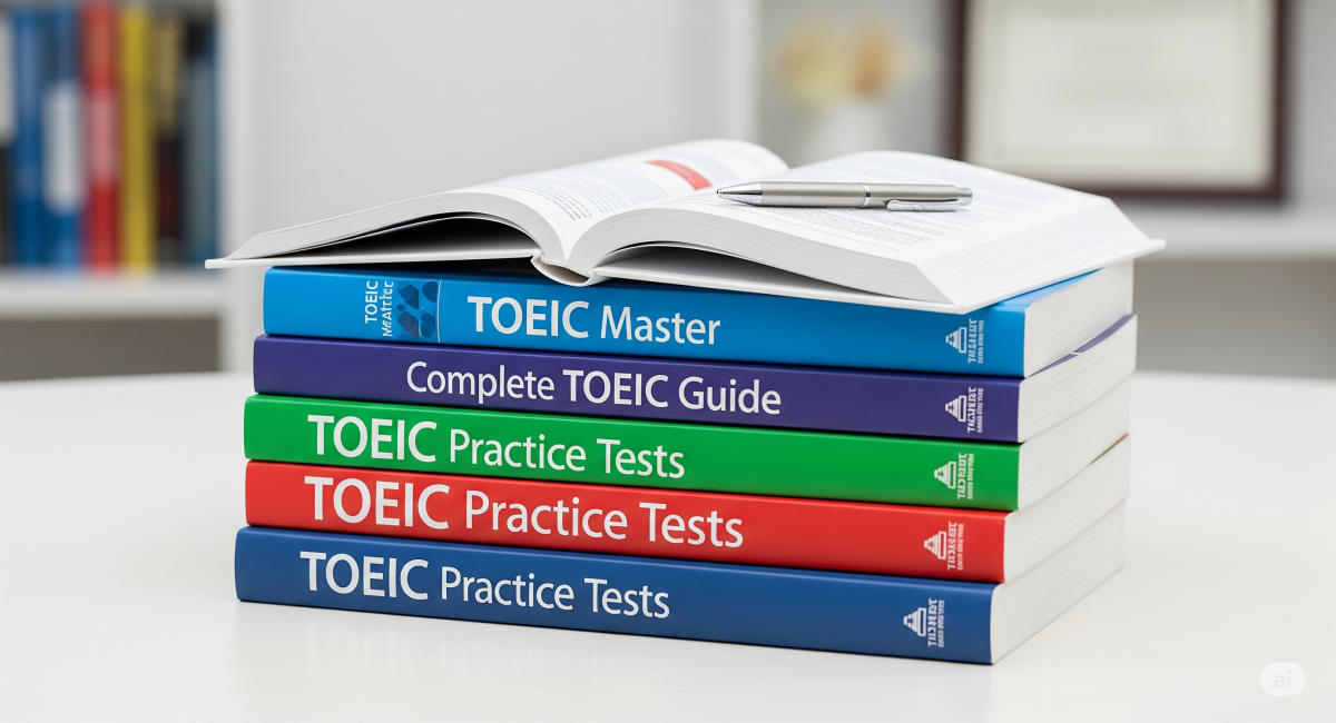 Stack of TOEIC study books