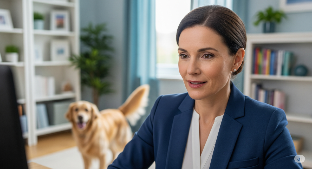 Businesswoman on video call at home with a dog in the background