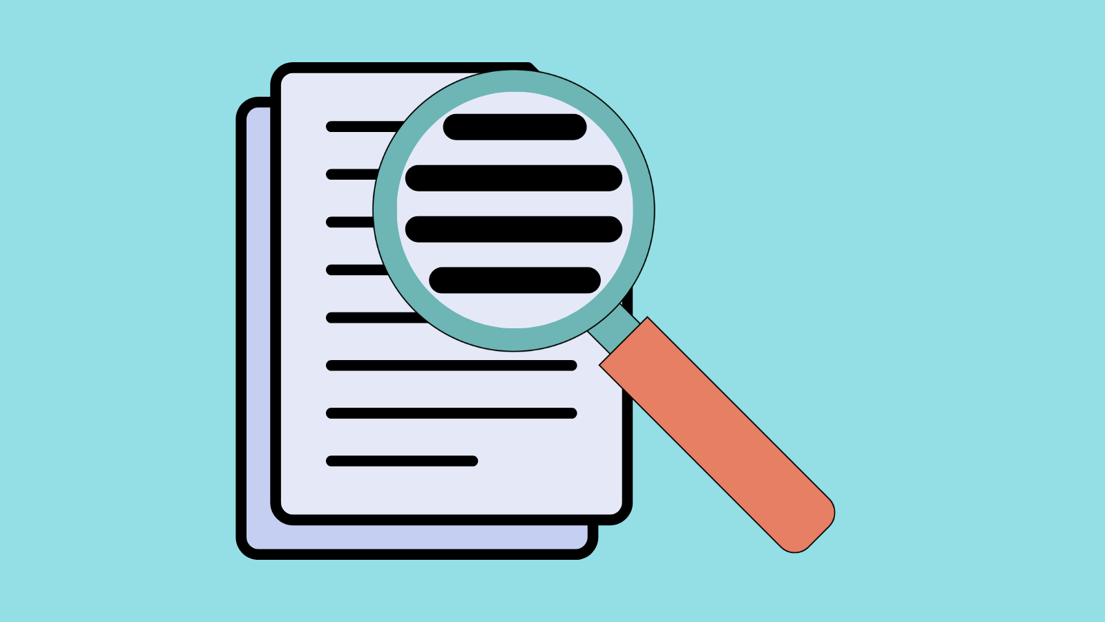 A cartoon of a magnifying glass over a document