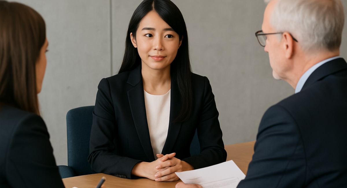 Japanese woman in job interview with Westerners