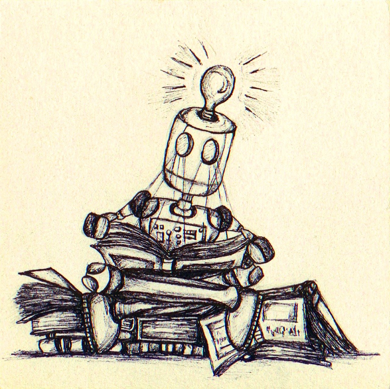 A pencil illustration of a cute robot reading.