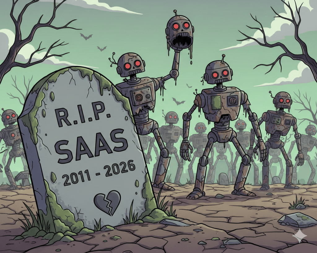 A cartoon image of a gravestone for SaaS (2011 - 2026) and some robot zombies