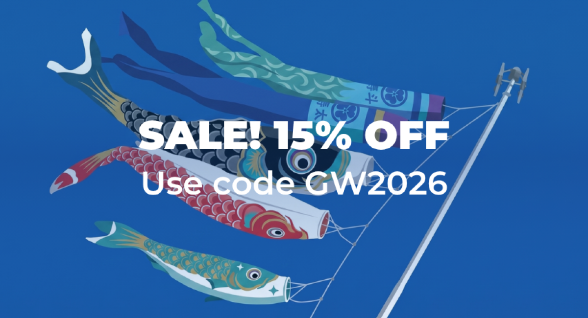 Koinobori carp streamers flying against a blue sky with promotional text: SALE! 15% OFF Use code GW2026.